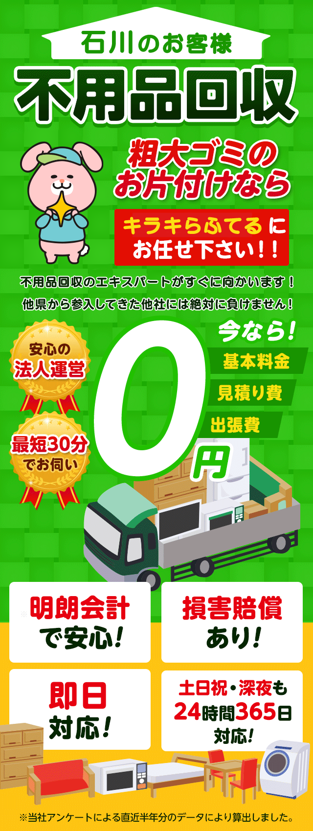 のお客様は不用品回収キラキらふてる石川にお任せ下さい！粗大ごみのお片付けもお任せ下さい。不用品回収のエキスパートたちが最短30分でお伺いいたします！他の県から参入してきた他社様には絶対に負けません！安心の法人運営で今なら基本料金・見積もり費・出張費が無料！！明朗会計で安心・損害賠償・即日対応・土日祝・深夜・24時間365日対応